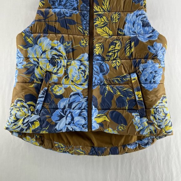Offline by Aerie Floral Puffer Vest Womens L Full Zip Hooded Quilted Brown Blue - Picture 5 of 13